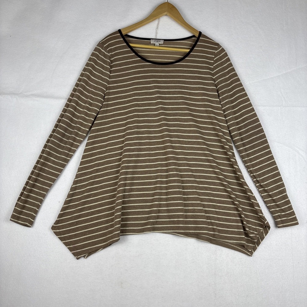 Umgee USA Womens M Brown Striped Long Sleeve Elbow Patch Sharkbite Hem Tunic Top